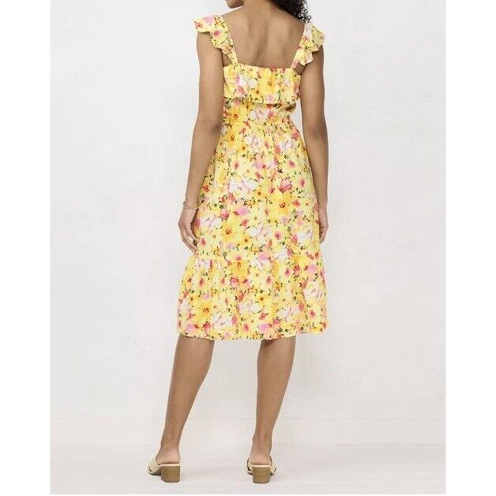 LC Lauren Conrad Ruffle Midi Linen Blend Floral Dress Womens M Yellow Sundress - Picture 2 of 7